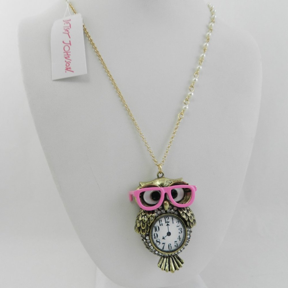 Betsey Johnson Gold Tone Back To Cool Owl & Clock Pendant Necklace Long Chain